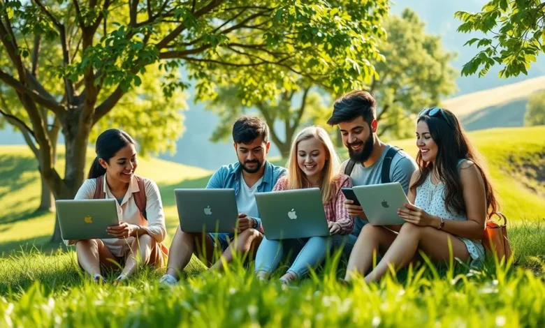 7 Estratégias de Crescimento Sustentável para Nômades Digitais em 2025 - Web Nômade Digital Grupo diverso de nômades digitais colaborando em um ambiente natural.