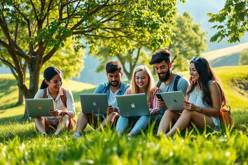 Grupo diverso de nômades digitais colaborando em um ambiente natural.