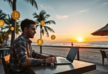 Nômade digital trabalhando com criptomoedas à beira-mar