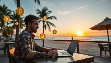 Nômade digital trabalhando com criptomoedas à beira-mar