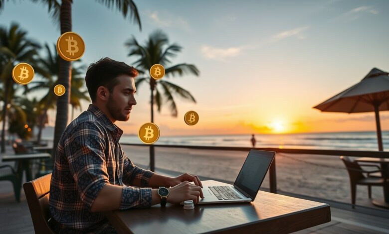 Nômade digital trabalhando com criptomoedas à beira-mar