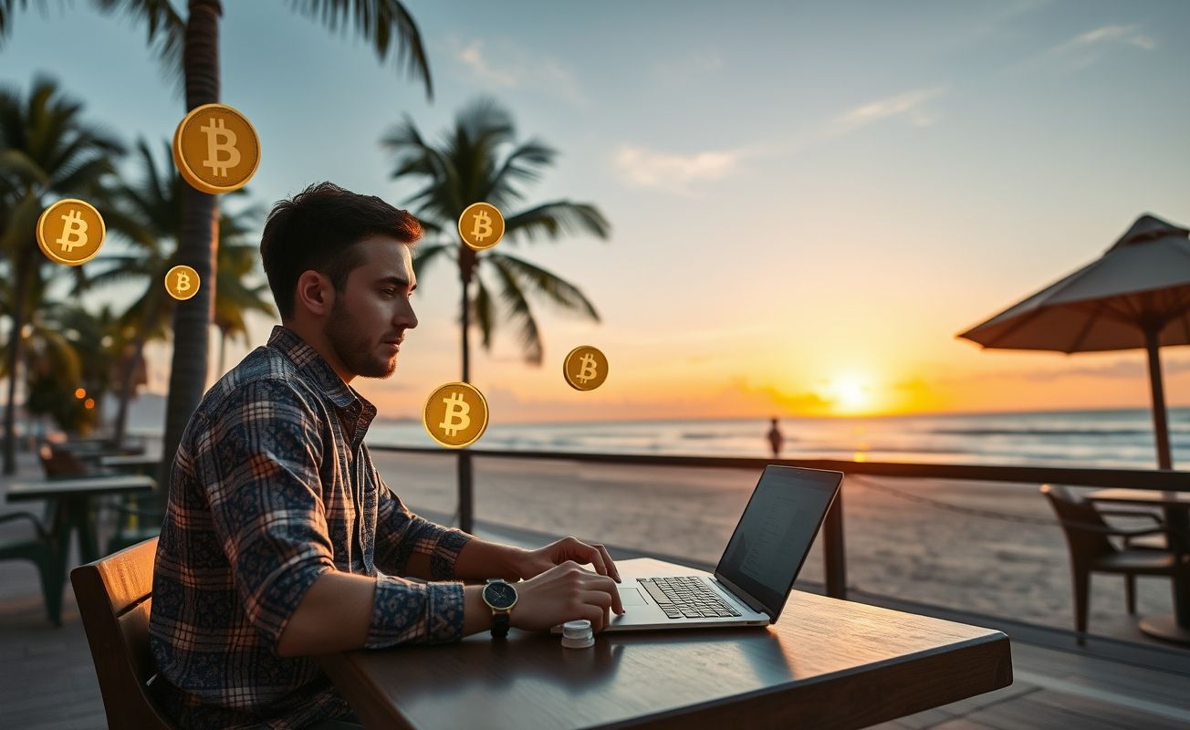 Nômade digital trabalhando com criptomoedas à beira-mar