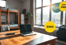 Espaço de trabalho para nômades digitais em hostel econômico