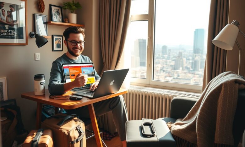 Descontos em Hospedagem: Guia Completo para Economizar em Viagens Longas - Web Nômade Digital Nômade digital trabalhando em hotel com desconto