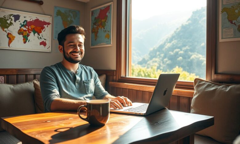 Descontos em Hospedagem: Guia Completo para Economizar em Viagens Longas - Web Nômade Digital Nômade digital trabalhando em hostel com desconto
