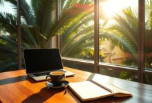 Espaço de trabalho nômade digital em local tropical