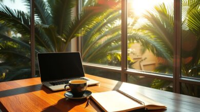 Espaço de trabalho nômade digital em local tropical