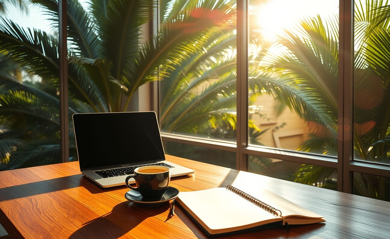 Espaço de trabalho nômade digital em local tropical