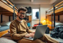 Nômade digital trabalhando em hostel com desconto