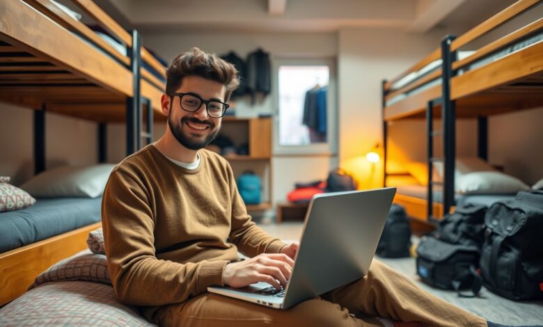 Descontos em Hospedagem: Guia Completo para Economizar em Viagens Longas - Web Nômade Digital Nômade digital trabalhando em hostel com desconto