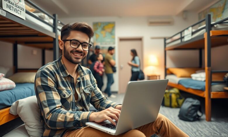 Descontos em Hospedagem: Guia Completo para Economizar em Viagens Longas - Web Nômade Digital Nômade digital trabalhando em acomodação econômica