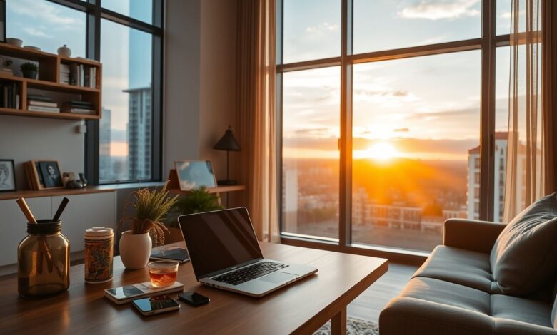 Descontos em Hospedagem: Guia Completo para Economizar em Viagens Longas - Web Nômade Digital Apartamento moderno para nômades digitais trabalharem remotamente