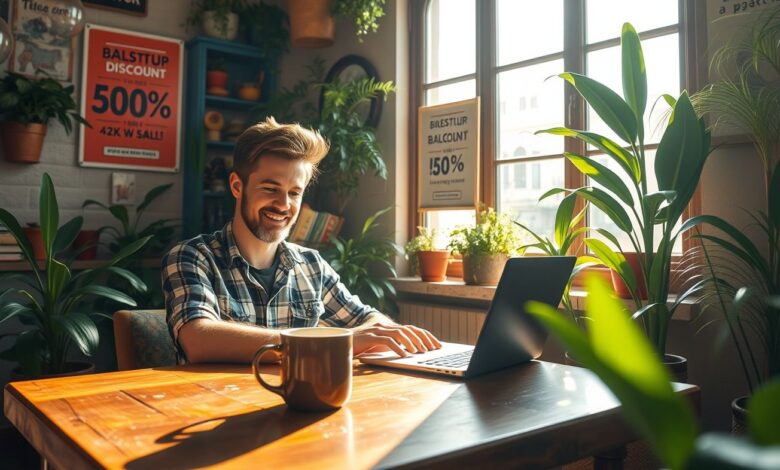 Descontos em Hospedagem: Guia Completo para Economizar em Viagens Longas - Web Nômade Digital Nômade digital trabalhando em hostel com desconto