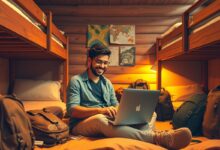 Nômade digital trabalhando em hostel com descontos