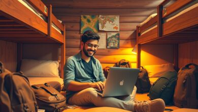 Nômade digital trabalhando em hostel com descontos