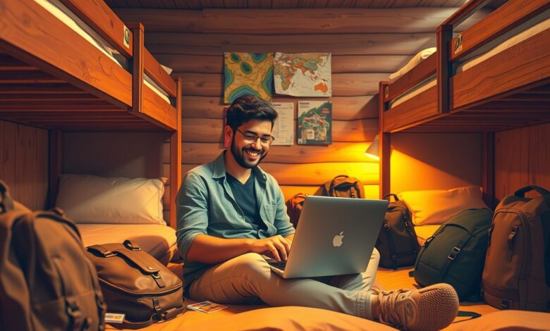 Descontos em Hospedagem: Guia Completo para Economizar em Suas Viagens - Web Nômade Digital Nômade digital trabalhando em hostel com descontos