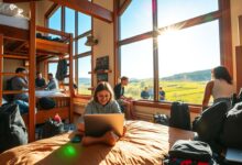 Nômade digital trabalhando em hostel com desconto