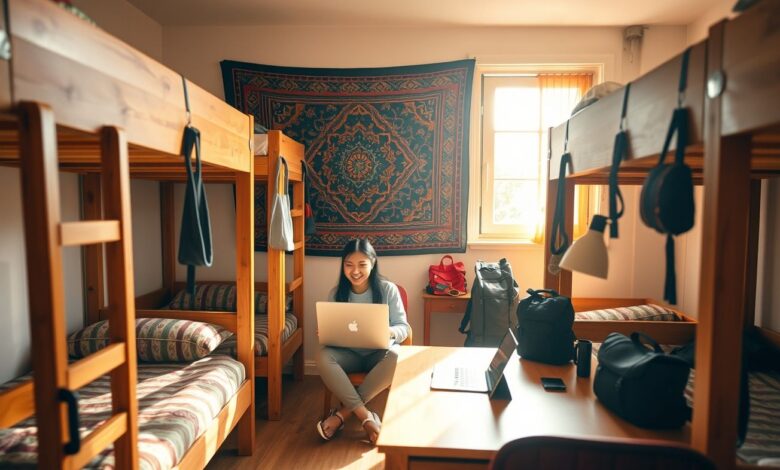 Descontos em Hospedagem: Guia Completo para Economizar em Viagens Longas - Web Nômade Digital Nômade digital trabalhando em hostel com desconto