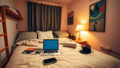 Quarto de hostel aconchegante para nômades digitais