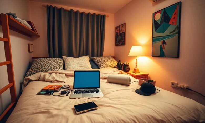 Descontos em Hospedagem: Guia Completo para Economizar em Viagens Longas - Web Nômade Digital Quarto de hostel aconchegante para nômades digitais