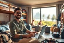 Nômade digital trabalhando em acomodação econômica