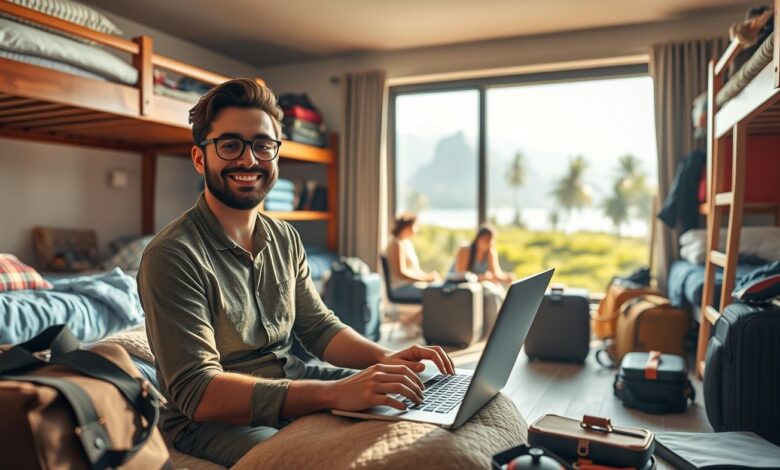 Descontos em Hospedagem: Guia Completo para Economizar em Viagens Longas - Web Nômade Digital Nômade digital trabalhando em acomodação econômica