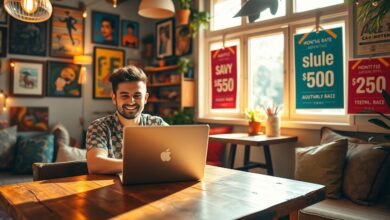 Nômade digital trabalhando em hostel com promoções de hospedagem