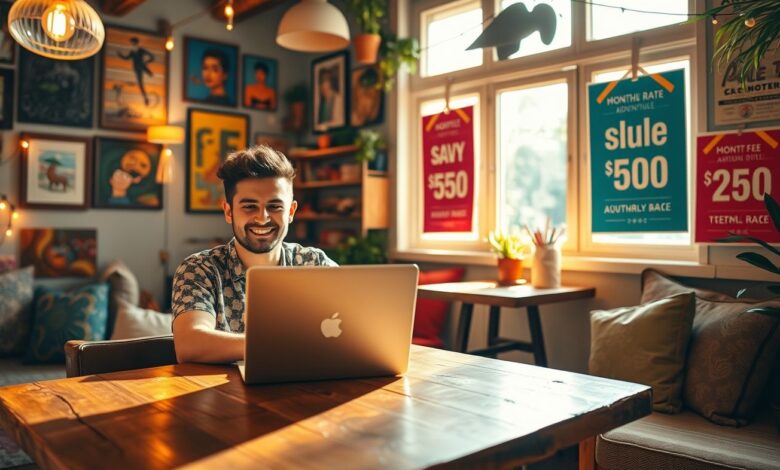Descontos em Hospedagem: Guia Completo para Economizar em Viagens Longas - Web Nômade Digital Nômade digital trabalhando em hostel com promoções de hospedagem
