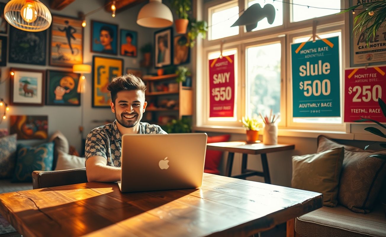 Nômade digital trabalhando em hostel com promoções de hospedagem
