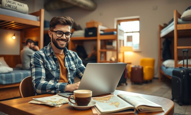 Descontos em Hospedagem: Guia Completo para Economizar em Viagens Longas - Web Nômade Digital Nômade digital trabalhando remoto em hostel com desconto