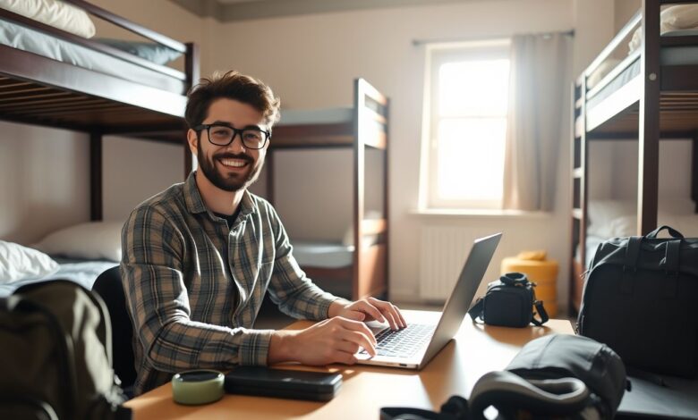 Descontos em Hospedagem: Guia Completo para Economizar em Suas Viagens - Web Nômade Digital Nômade digital trabalhando em acomodação econômica
