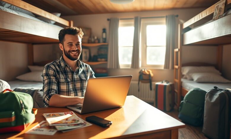Descontos em Hospedagem: Guia Completo para Economizar em Viagens Longas - Web Nômade Digital Nômade digital trabalhando em hostel com desconto