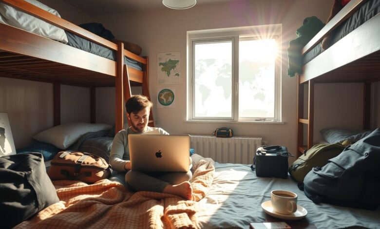 Descontos em Hospedagem: Guia Completo para Economizar em Viagens Longas - Web Nômade Digital Nômade digital trabalhando em hostel econômico