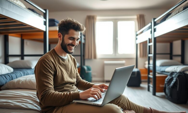 Descontos em Hospedagem: Guia Completo para Economizar em Viagens Longas - Web Nômade Digital Nômade digital trabalhando em hostel econômico