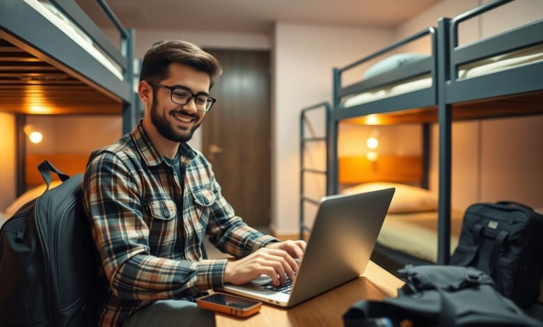 Descontos em Hospedagem: Guia Completo para Economizar em Viagens Longas - Web Nômade Digital Nômade digital trabalhando em hostel com desconto