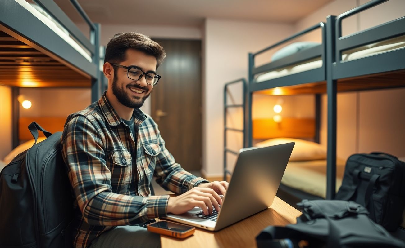 Nômade digital trabalhando em hostel com desconto