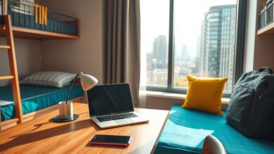 Workspace em hostel com vista para cidade