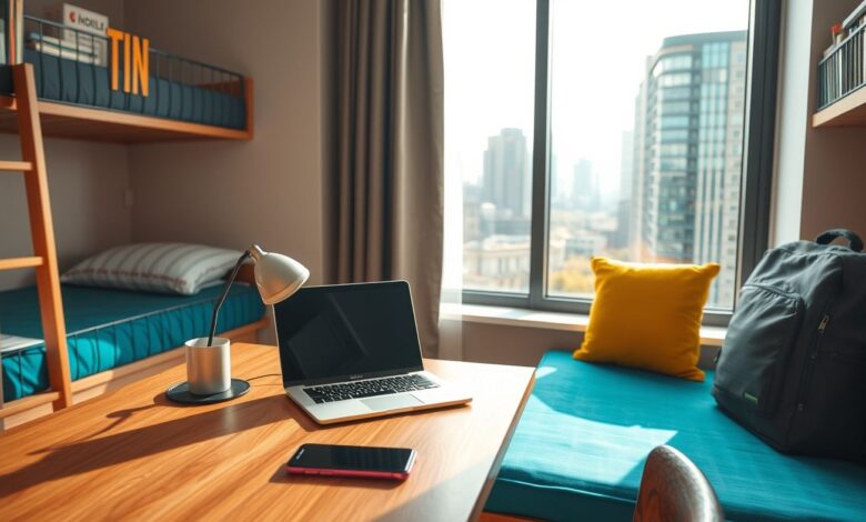 Descontos em Hospedagem: Guia Completo para Economizar em Suas Viagens - Web Nômade Digital Workspace em hostel com vista para cidade