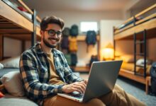 Nômade digital trabalhando em hostel com desconto