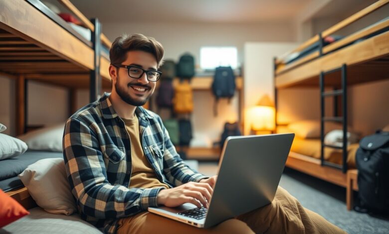 Descontos em Hospedagem: Guia Completo para Economizar em Viagens e Estadas Longas - Web Nômade Digital Nômade digital trabalhando em hostel com desconto