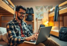 Viajante trabalhando em laptop buscando descontos em hostel