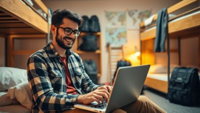 Viajante trabalhando em laptop buscando descontos em hostel