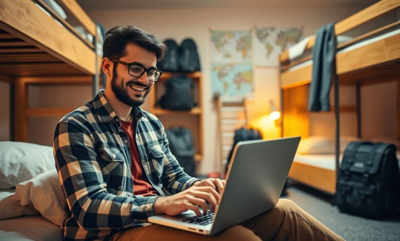 Descontos em Hospedagem: Guia Completo para Economizar em Viagens Longas - Web Nômade Digital Viajante trabalhando em laptop buscando descontos em hostel