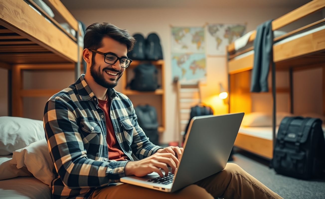 Viajante trabalhando em laptop buscando descontos em hostel