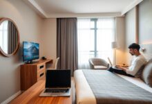 Quarto de hotel moderno para nômades digitais