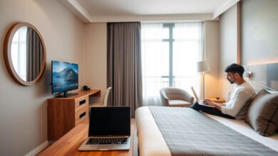 Quarto de hotel moderno para nômades digitais
