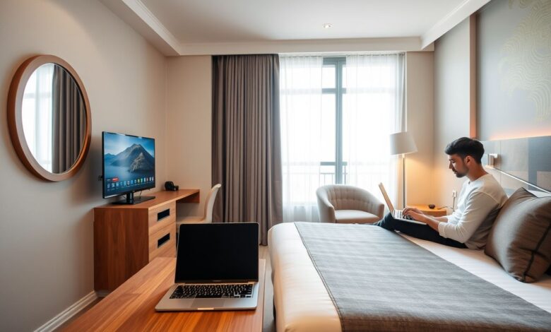 Descontos em Hospedagem: Guia Completo para Economizar em Viagens - Web Nômade Digital Quarto de hotel moderno para nômades digitais