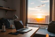 Espaço de trabalho em hostel econômico para nômades digitais