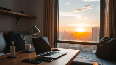 Espaço de trabalho em hostel econômico para nômades digitais