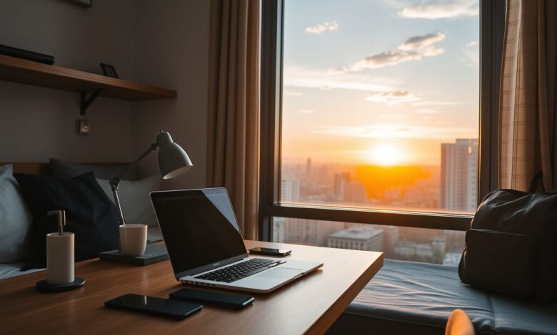 Espaço de trabalho em hostel econômico para nômades digitais